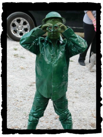Learn how to make this cute green army soldier costume.  You only need a few easy supplies to make this adorable costume that is perfect for Halloween! #onecrazymom #halloweenideas #diycostumers 
